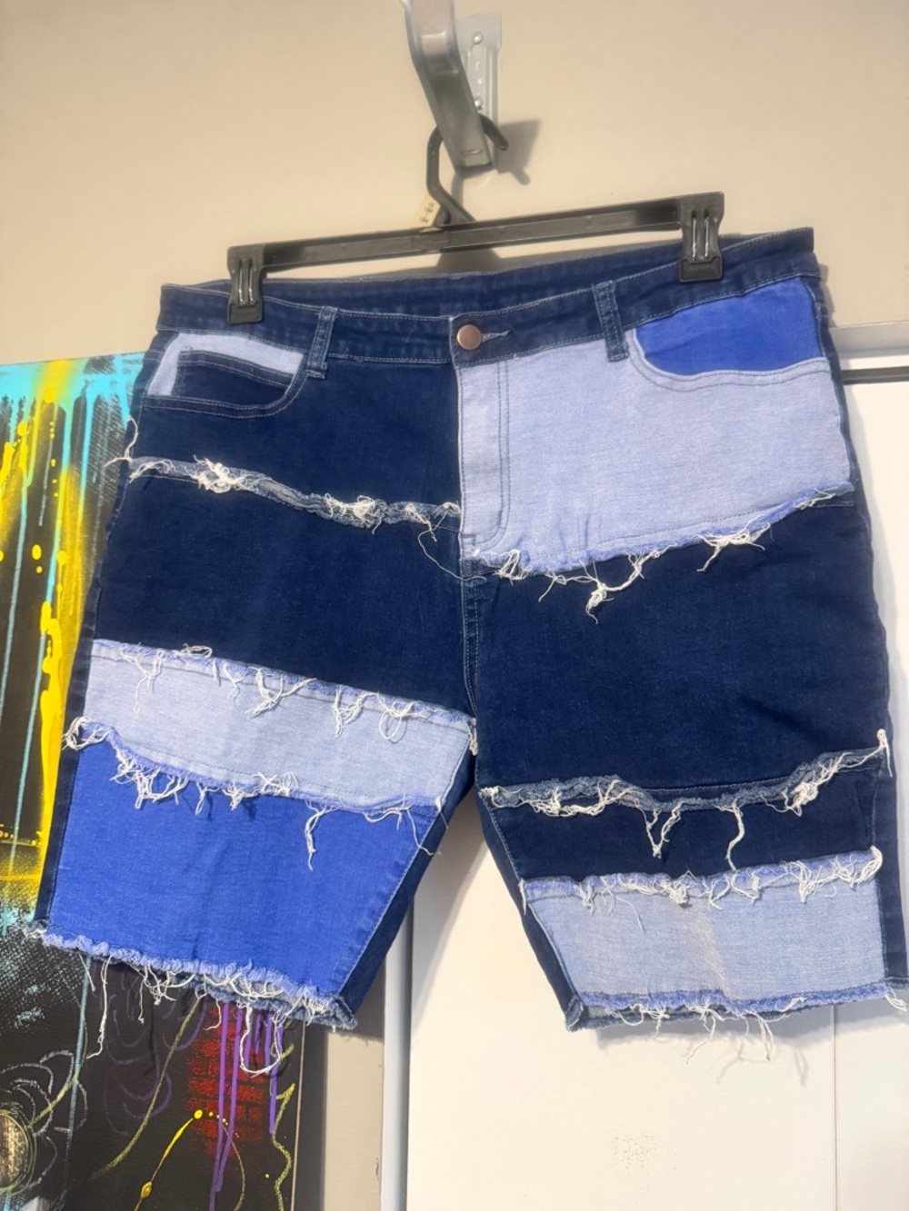 Custom Patchwork Denim Shorts 2XL Deconstructed Frayed Boho Streetwear
